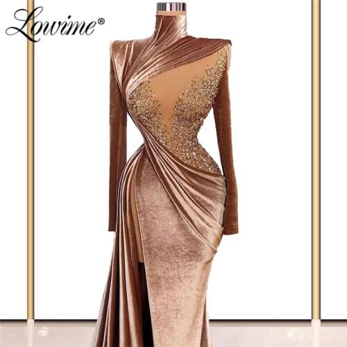 Lowime Dubai Design Luxury Velvet Beaded Evening Dresses 2021 Long Sleeves Mermaid Diamond Beading High Split Side Party Gowns