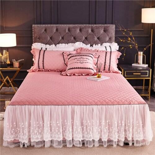 All-cotton Thickening Quilting Bedspread Fitted Sheet Pillowcases 2/3pcs Solid Princess Pleated lace Bedding