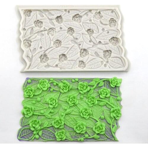Rose flower texture cake rim molds for wedding cake decorating rose with leaves fondant silicone moulds