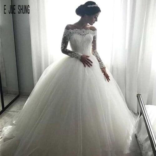 E JUE SHUNG Vintage White Ball Gown Wedding Dresses Long Sleeve Boat Neck Lace Appliques Fluffy Wedding Gowns Vestidos De Novia