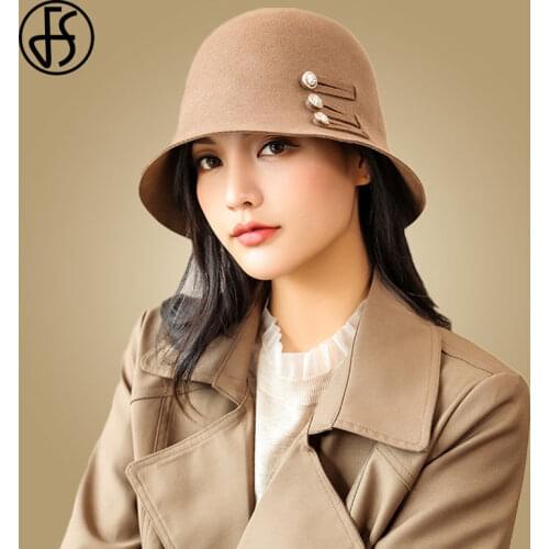 FS Autumn Winter Fedoras Wool Wide Brim Hats For Women British Style Church Hats Black Lady Chapeau Femme Cloche Felt Hat