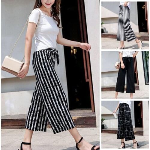 Women Fashion Wide Leg Long Casual Summer Flare High Waist Elastic Waist Striped Loose Culotte Trousers Cropped Pants Wholesale