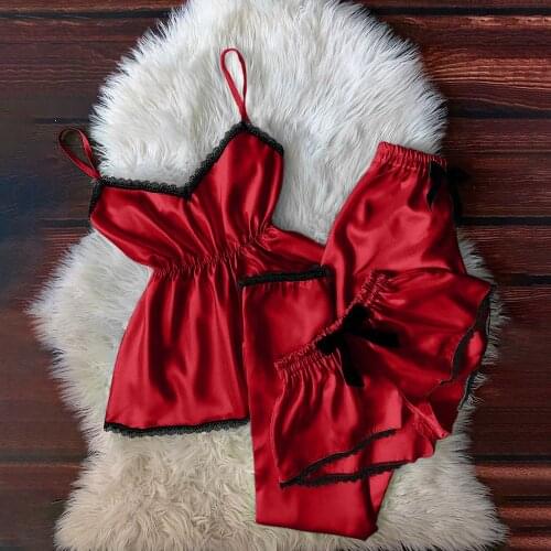 Pluse Size Women Pajama Sets Sexy V-neck Eyelash Lace Women Nightwear Stain Camisole Pajamas Bowknot Shorts Set Robe De Nuit