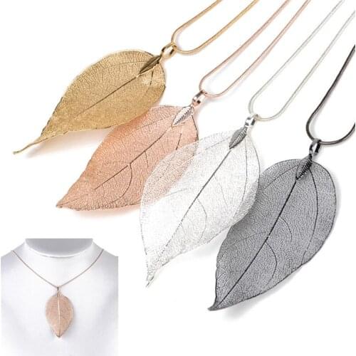 New Arrival Unique Golden True Leaf Leaves Fashion Brand Maxi Long Rope Chain Statement Pendant Necklace for Women