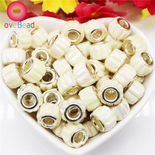 10Pcs White Color Stripe Spacer Beads Big Hole Tube Loose Beads Fit European Pandora Bracelet Bangle DIY Earrings Pendant Charms