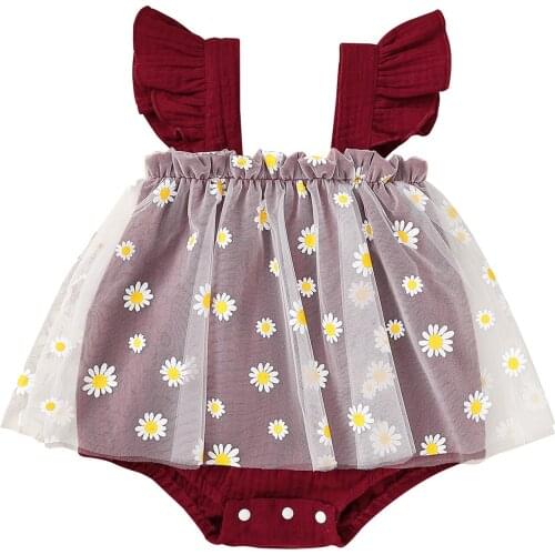 2021 Newborn Baby Girl’s Casual Sleeveless Romper Fashion Daisy Printed Mesh Yarn Stitching Ruffles Short Jumpsuits Clothes