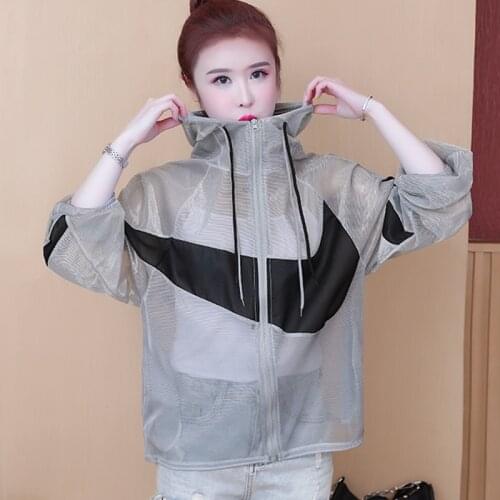 #5320 Summer Coat Casual Sunscreen Jacket Women HoodedSpliced Color See Through Mesh Shinny Women Coats And Jackets Thin Loose