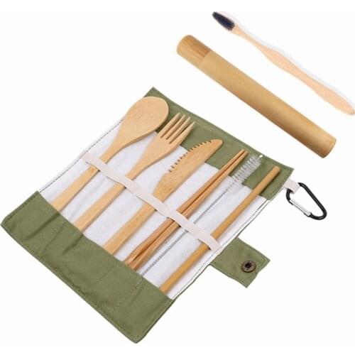 Bamboo Flatware Reusable Utensils With Charcoal Toothbrush Bamboo Case Travel Cutlery Set Camping Utensils Fork Spoon Knife Set