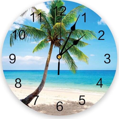 Beach Coconut Blue Sky Silent Decorative Wall Clock Digital Clock Operated Round Home Office School Clocks