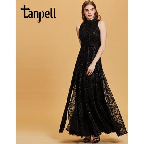 Tanpell sequins long evening dress sexy black sleeveless floor length a line gown women scoop neck empire formal evening dresses