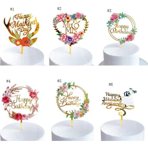 Home Colored flowers Happy Birthday Cake Topper Golden Acrylic Party Dessert decoration for Baby shower Baking supplies SN3770