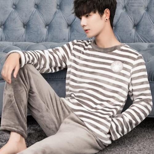 Flannel Sleepwear Casual Pajamas Set Male Lounge Wear Soft Two Piece Suit Coral Fleece Warm Pijamas Autumn Winter New Nightwear