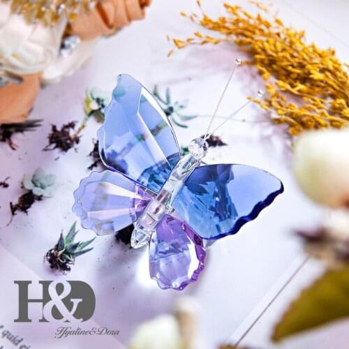 H&D Blue Purple Crystal Butterfly Glass Ball Base Paperweight Ornament Crystal Figurine Souvenir Birthday Gift Home Decor