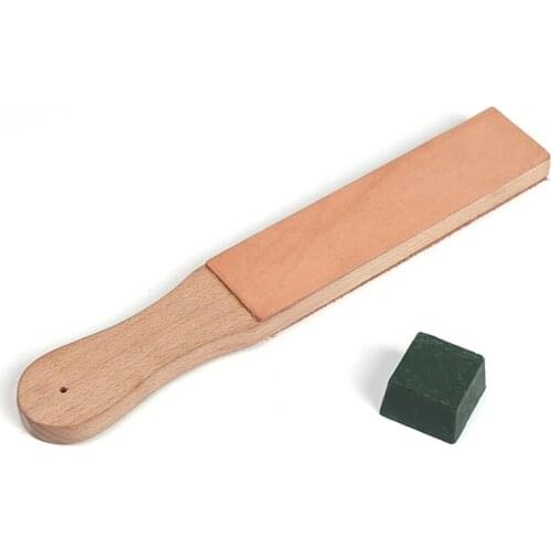 Quality Wood Handle Leather Sharpening Strop Knife Razor Polishing Board With Polish Compound 2 Sided Made From Veg Tanned Cowhi