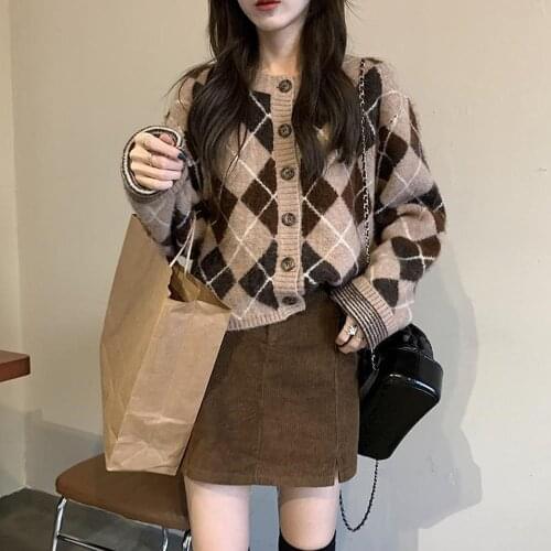V-Neck Color Matching Block Argyle Sweater Cardigan Single Breasted Women Fall Brown Vintage Casual Outerwear Women Kawaii Tops