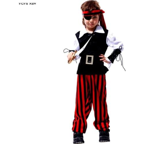 M-XL Boys Halloween Bandit Robber Costumes Kids Children One eye Pirate Cosplay Carnival Purim Stage Show Role play Party dress
