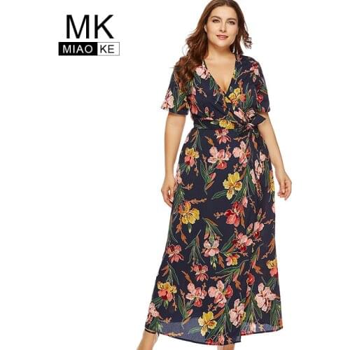 Miaoke Summer Plus Size long Print floral party dress women High Quality Clothing Fashion large size Chiffon dress party night
