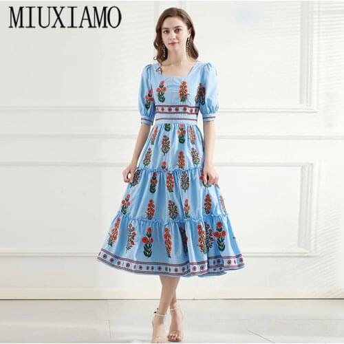 MIUXIMAO Luxurious 2020 Summer Dress Women Flower Embroidery Dress Solid Slim Office Lady Casual Cotton Dress Women Vestidos