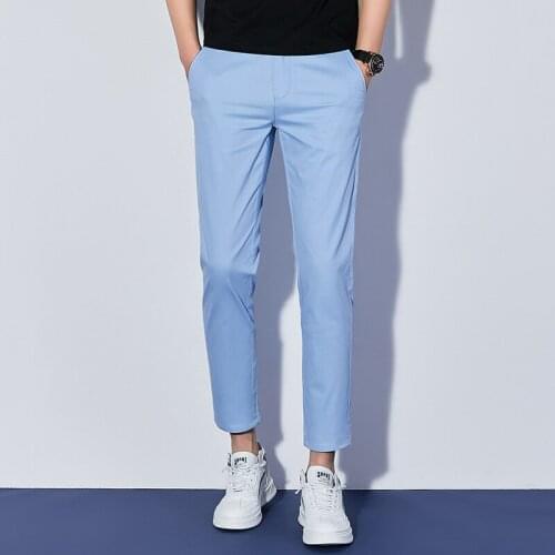 2021 New Mens Pants Cotton Capris Korean Slim Trend Soft Elastic Casual Pants Simple Small Trousers Fashion