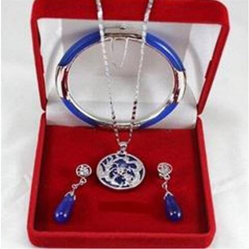 New Womens fashion Blue jade Bangle Bracelet Pendant Earring Jewelry Set