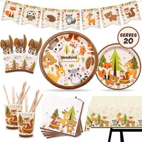 Woodland Animals Disposable Tableware Plate Cup Napkin Happy Birthday Party Decor Kids Jungle Safari Birthday Party Supplies