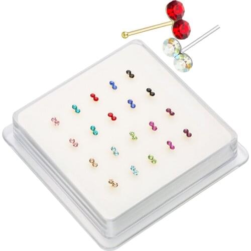 20Pcs/Lot 925 Sterling Silver Nose Studs Nose Piercing Rings Double Shiny Crystal Mix Colors Body Piercing Jewelry Argolla Nariz