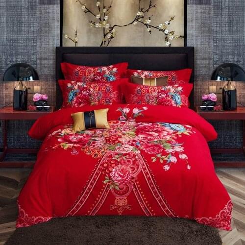 Papa&Mima Chinese Red Flowers Brushed Sanding Cotton Bedding Set Wedding Thick Linens Fitted Sheet Pillowcase Duvet Cover