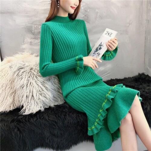 Pullover Sweater Women Winter Dress Female Long Section Korean Thickening 2019 New Bottoming Knit Dress Ruffle Vestidos f2090