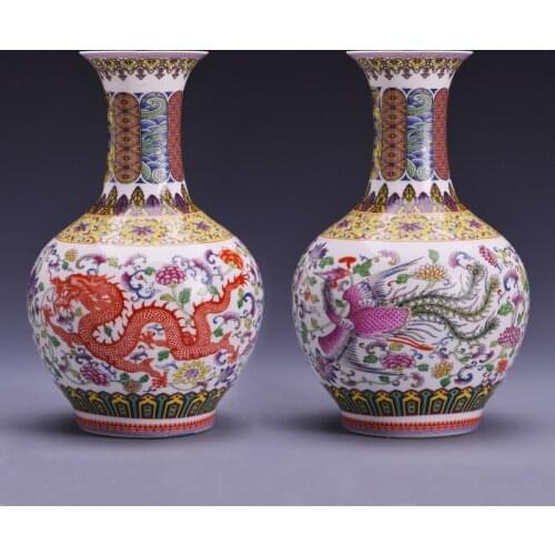 Luxurious Chinese Antique Handmade Dragon and Phoenix Design Ceramic Famille Flower Vase