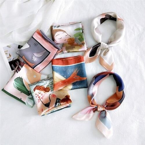 Korean Satin Silk Scarves Women Square Scarf Fashion Digital Print Small Scarf DIY Bandana Neckerchief Headband Girls Hair Ties