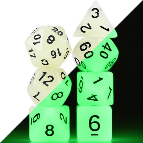 Glow in The Dark 7-Die Polyhedral Dice Set D4 D6 D8 D10 D% D12 D20 for Table Games RPG DND