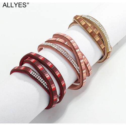 ALLYES Rhinestone Slender Long Leather Bracelets for Women Simple Grid Wide Wrap Bracelet Female Jewelry Accessories Gifts