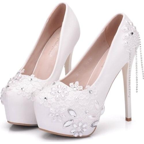 Sexy Pumps Wedding Women Fetish Shoes women pumps Party banquet PU Rhinestones Slip On 14CM Thin High Heels Round Toe white