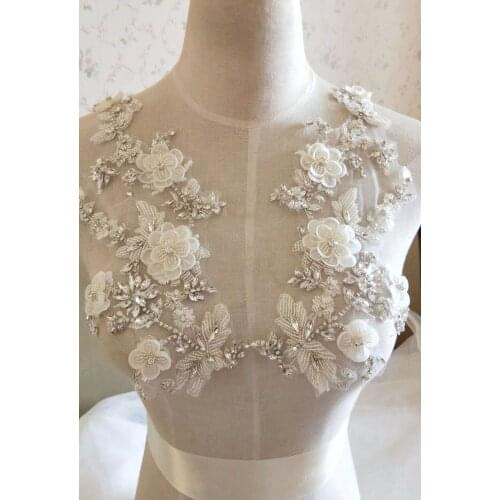 Gorgeous Rhinestone Crystal Applique Pair With 3D Flowers For Bridal Accessories Wedding Dress Sash Haute Couture Costume Decor