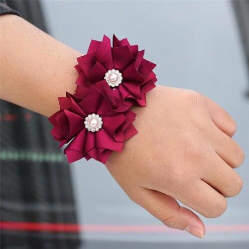 Wine Red Silk Rose Flower Bride Wrist Corsage Bracelet Flower Hand Women Hand Wedding Flowers Party Decoration SW203