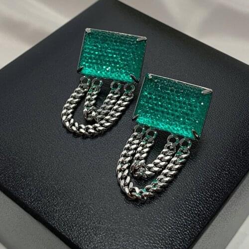 Vintage Green Crystal Metal Chain Tassel Earrings Korean Fashion Graceful Geometric Drop Earrings Elegant Party Jewelry 2021 New