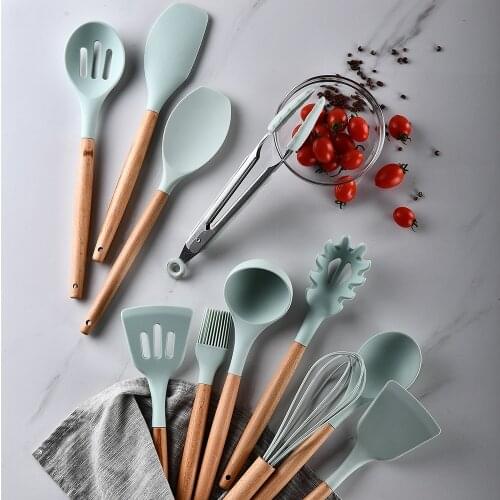 Green Kitchen Cookware Silicone Kitchenware Non Stick Cooking Pot Set Spatula Ladle Egg Beaters Shovel Utensils Tool Accessories
