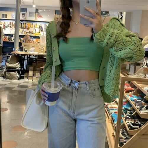 Green Hollow Out Knitted Cardigan 2 Piece Set Women Spring Autumn 2021 Cropped Camisole Short Tops Long Sleeve Camis Ribbed Suit