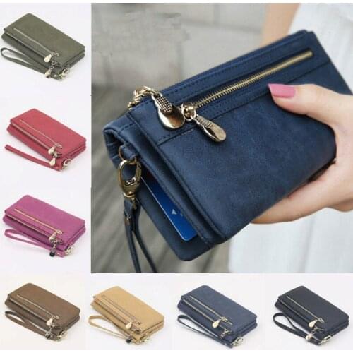 Womens Wallets Dull Polish Leather Wallet Double Zipper Day Clutch Purse Wristlet Portefeuille Handbags Carteira Feminina