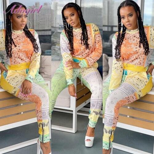 Bandana Print Two Piece Set Women Casual Paisley Long Sleeve Crop Top T-Shirt Legging Pants Suit Autumn Outfit Sport Tracksuit