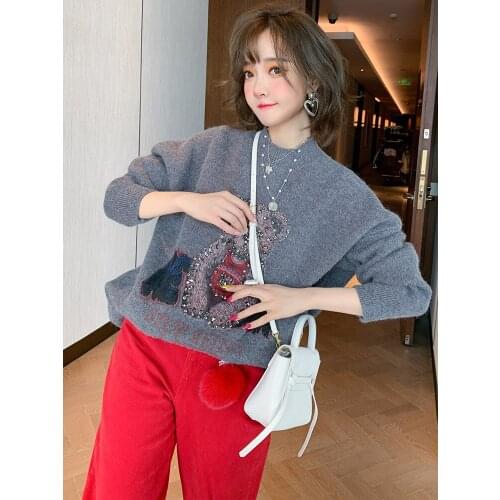 Tail diamond cartoon bear half High neck loose joker knit sweater womens winter new High Quality