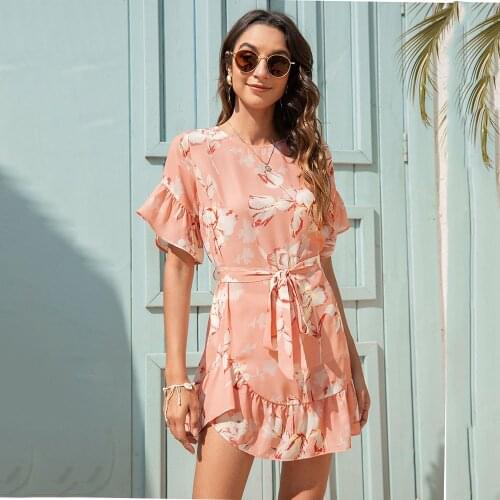 2021 Dress For Womens Summer Fashion Floral O Neck Short Sleeve Ruffle Belt Woman Bohemian Beach Leisure Vacation Mini Dresses
