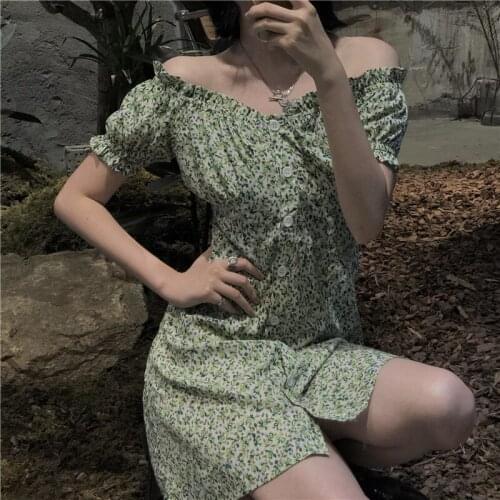 French Vintage Dress 2021 Summer Women Green Flowers Print Slash V Neck Dew Shoulder Short Sleeve Ladies Mini Dress Vestidos