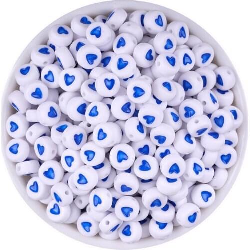 100pcs/lot 4*7mm White For Blue Heart Letters Alphabet Acrylic Flat Round Beads For Jewelry Making DIY Bracelet