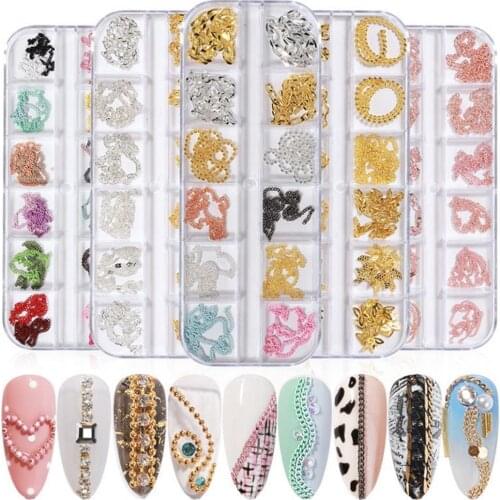 12Pcs/Set Nail Chain Ornament Nail Decoration Easily Stick DIY Metal Metal Nail Chains Charms Rhinestone 3D Ornament for Female