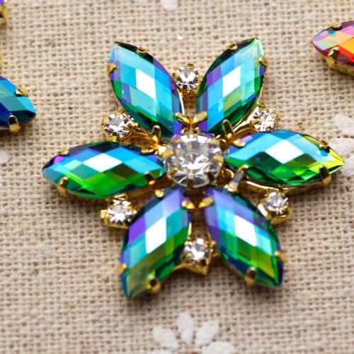 2pcs 35mm Siam AB Flower Shape Sew On Rhinestone With Metal Claw Setting Gold Back Fancy Stone Rhinestone Button For DIY Garment