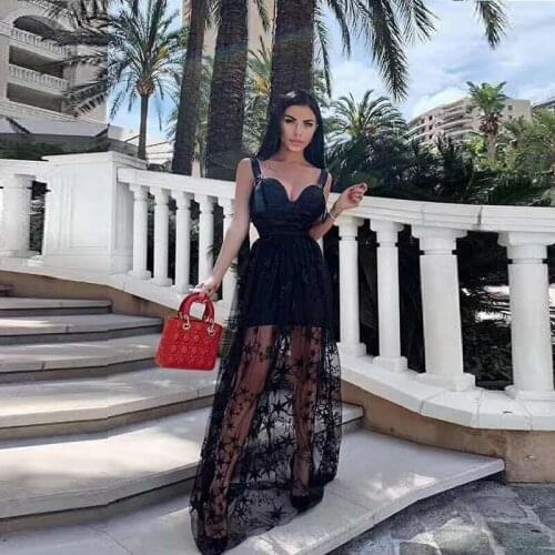 2020 Sexy Black Mesh Lace Star Print Hollow Out Fashion Dress Sapghetti Dress Backless Zipper Maxi Celebrity Party Vestidos