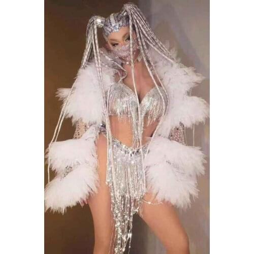 Silver Sequins Tassel Bikini Mesh Fringe Coat Three-piece Set Party Outfit Nightclub Dance Costume Singer Dancer Stage Wear