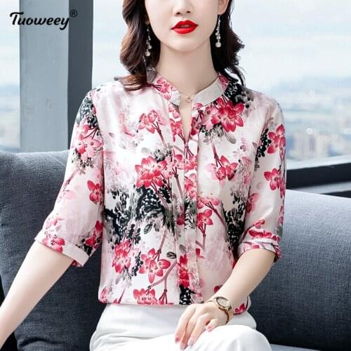 Blusas Femininas Blouse Women 2021 Spring style pink short Sleeve Shirts for Women Tops Bow Chiffon Blouse flower V-Neck tops