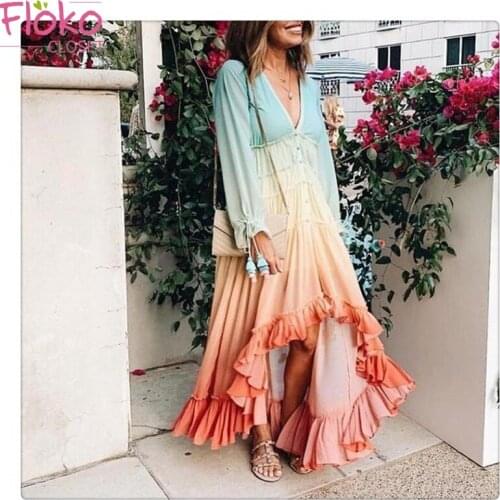 Flokocloset Elegant Rainbow Long Sleeve Maxi Dress Spring Autumn V-Neck Bohemian Irregular Ankle-Length Party Dresses